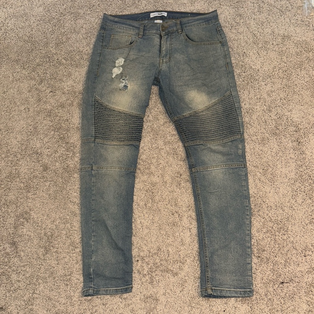Men's Distressed Biker Jeans - Blue Wash